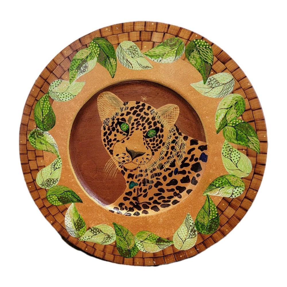 Signed Bibi Leon Hand Painted‎ Round Wood Serving Charger Plate Tiger Cheetah